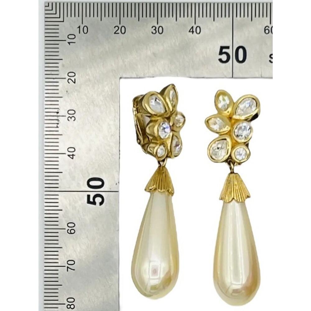 Christian Dior Signed Crystal Pearl Gold Tone Dangle Clip Earrings Crystal Vtg - Picture 14 of 14